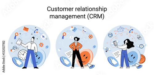 CRM metaphor. Customer Relationship Management. Application software for organizations automatisation of customer interaction strategies to increase sales, optimize marketing, improve customer service © Dmytro