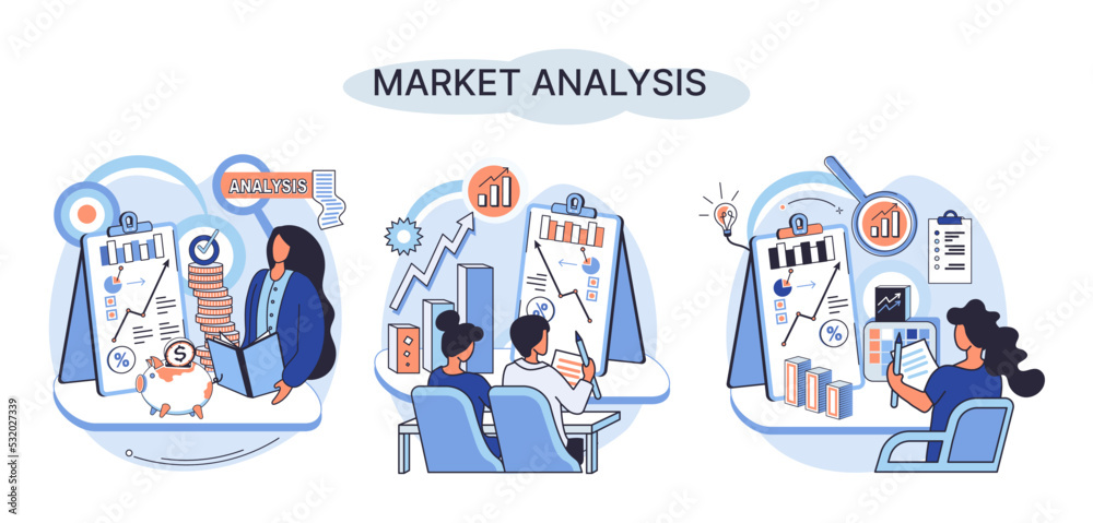 Market analysis metaphor marketing strategy development. Business research. Identify business determine solutions business problems solving. Marketer analyzes sales plan, doing an advertising campaign