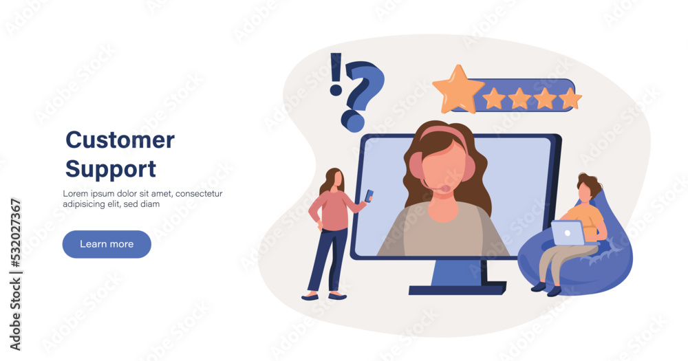 Customer support. Characters talking with helpdesk or call center operator and leaving positive feedback. User experience concept. Vector illustration. Customer support. Characters talking with helpdesk or call center operator and leaving positive feedback. User experience concept. Vector illustration.