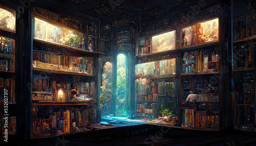  Bookcase with old books in the interior. Bookstore, library, bookshelves in a dark room with a window. 3D illustration. © Terablete