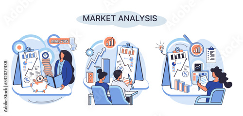 Market analysis metaphor marketing strategy development. Business research. Identify business determine solutions business problems solving. Marketer analyzes sales plan, doing an advertising campaign © Dmytro