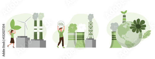 Sustainability illustration set. Coal power station producing CO2 emission pollution and sustainable clean factory with renewable energy. Climate change concept. Vector illustration.