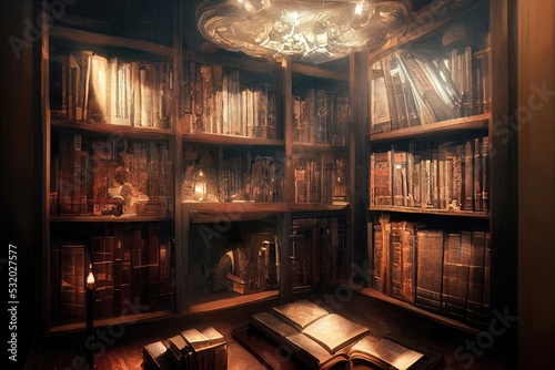  Bookcase with old books in the interior. Bookstore, library, bookshelves in a dark room with a window. 3D illustration.