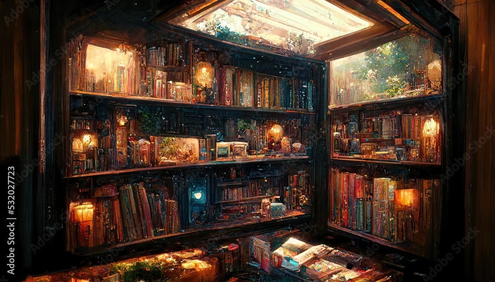 
Bookcase with old books in the interior. Bookstore, library, bookshelves in a dark room with a window. 3D illustration.