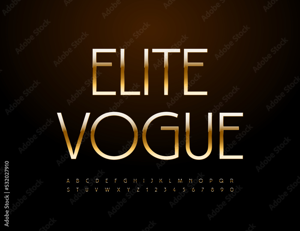 Vector premium emblem Elite Vogue with elegant Font. Gold chic Alphabet Letters and Numbers set Vector premium emblem Elite Vogue with elegant Font. Gold chic Alphabet Letters and Numbers set