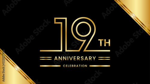 19th Anniversary Celebration with golden text, Golden anniversary vector template