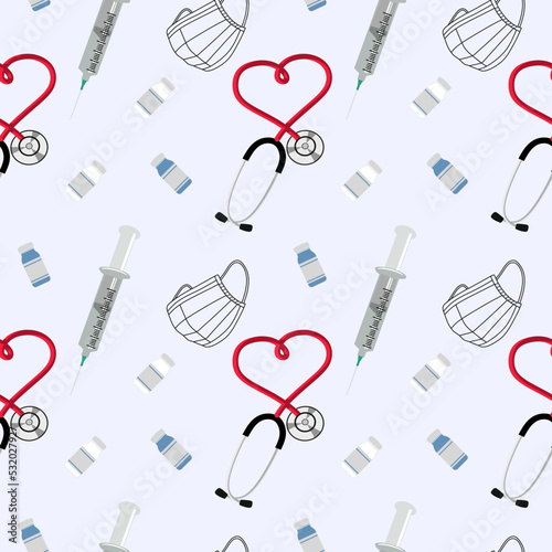 Seamless medical pattern. Medicine clinic seamless pattern. Hospital icons - mask, Syringe, diagnostics, Stethoscope, Medical bottle. Cute repeating textures. Vector eps10