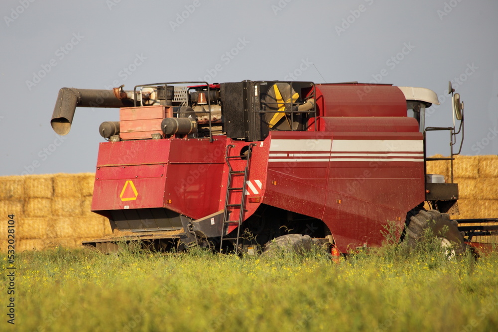 Red harvester combine on hay bales stacks background back view ...