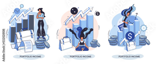 Investment portfolio income dollars currency, buy sell trading, market exchange value metaphor, businessman investor or trader balance portfolio with coins. Financiers analyzing stock market profit