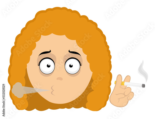 Vector illustration of a cartoon woman face smoking with a cigarette in her hand