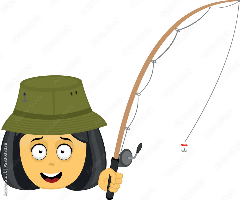 Vector emoji illustration of a cartoon fisher woman with a hat and a fishing rod in her hand Vector emoji illustration of a cartoon fisher woman with a hat and a fishing rod in her hand