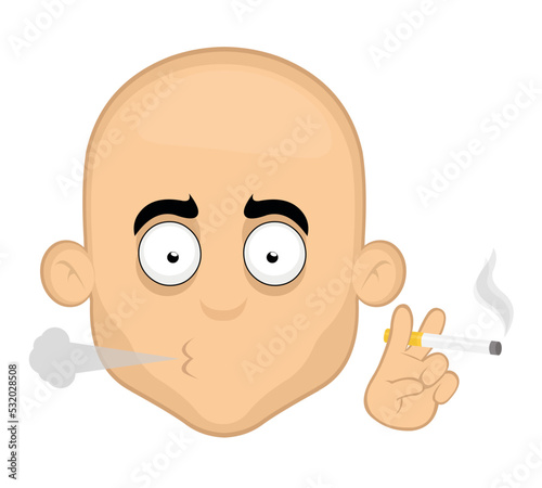 Vector illustration of the head of a cartoon bald man smoking with a cigarette in his hand