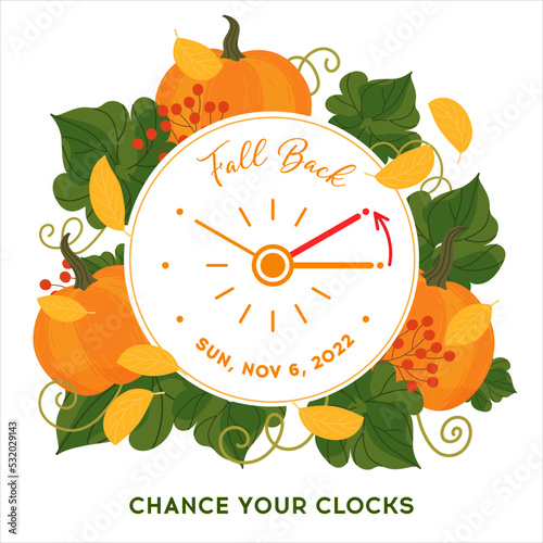 Fall Back 2022. Changing clocks one hour. Daylight Saving Time Ends, concept. Clocks with schedule date - 2022, november 6. Clocks decorated by fall frame with pumpkins and autumn leaves