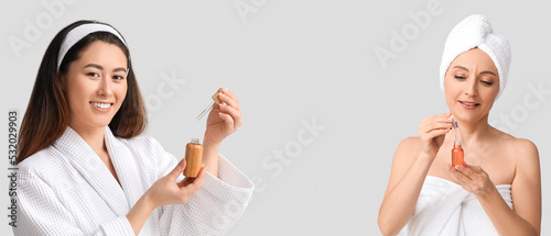 Women using cosmetic serum ...