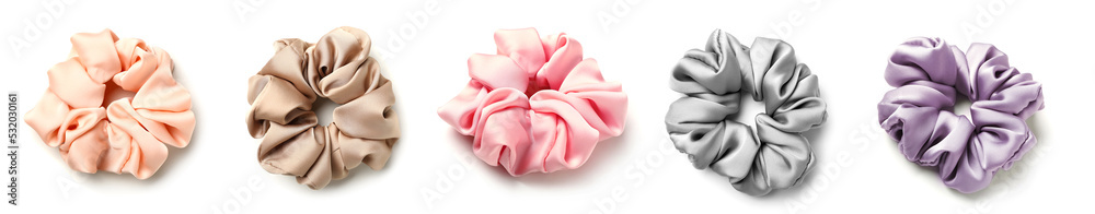 Collage of stylish hair scrunchies on white background