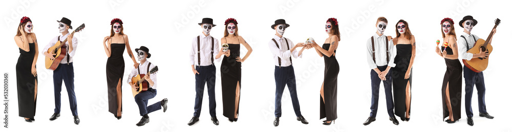 Fototapeta premium Set of young couple with painted skulls on faces against white background. Celebration of Mexico's Day of the Dead (El Dia de Muertos)