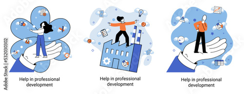 Help in professional development metaphor. Qualified employee training program. Refresher course. Human resource management organization. Business education workshop. School personality growth in team