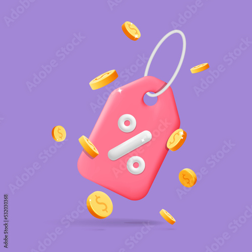 3d vector cartoon render discount coupon voucher with gold coins design. Premium special price offers sale coupon. Digital marketing, online shopping design concept.