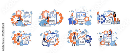Active and passive income concept. Idea of financial growth and development with investments, interest on deposits, dividends. Set of illustrations about earnings, profit, cash and money flow