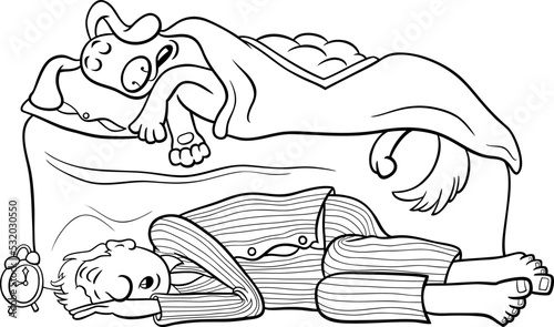 cartoon dog sleeping in bed and his owner on the floor coloring page