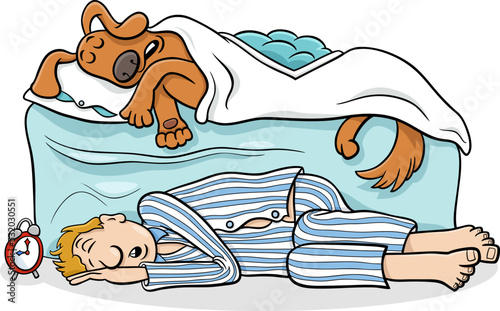 cartoon dog sleeping in bed and his owner on the floor