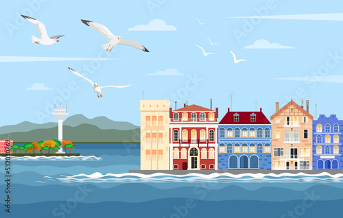 Slika na platnu Cityscape with a view of the sea strait and seagulls, an embankment with mansion