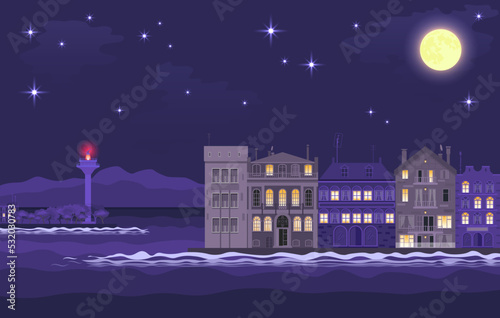 Night cityscape overlooking the embankment with a lighthouse and mansions under the moon and stars