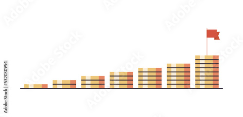 Stacks of coins and striving for financial success, moving towards a goal concept flat vector illustration.