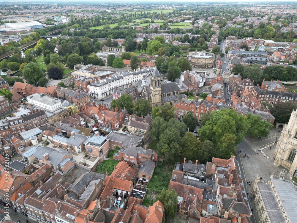 aerial view of The Oratory Church of Saint Wilfrid,  a Catholic church in York, England. A church dedicated to Saint Wilfrid has stood in York since medieval times. It is in Gothic Revival style. 