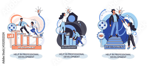 Help in professional development metaphor. Qualified employee training program. Refresher course. Human resource management organization. Business education workshop. School personality growth in team