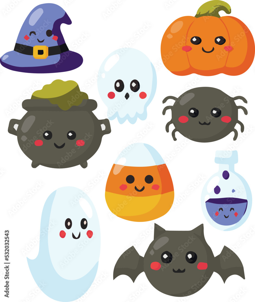 Halloween sticker set with pumpkin, bowler hat, spider, bat Halloween sticker set with pumpkin, bowler hat, spider, bat