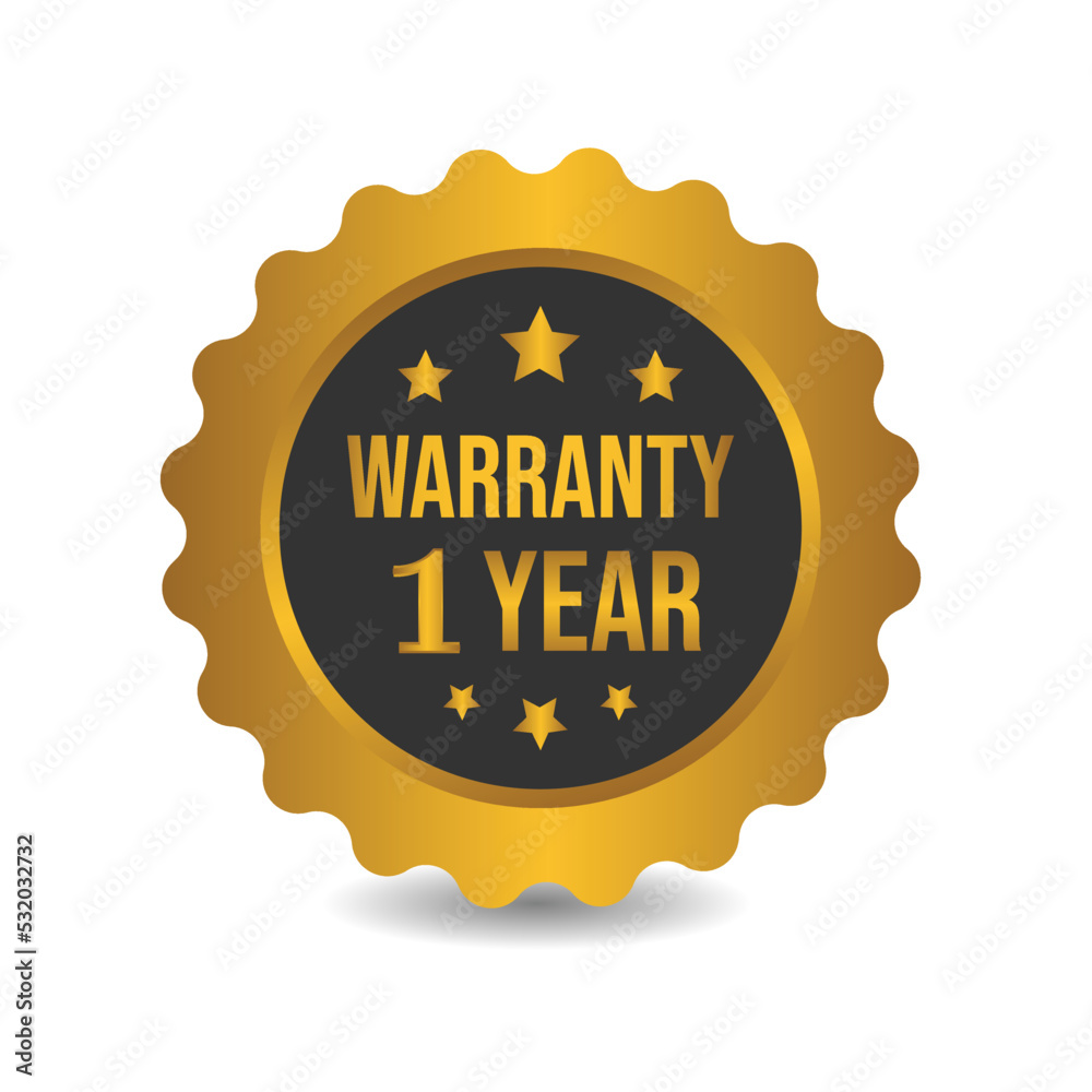Powerful 1-year warranty badge, sign, label, and seal with red ribbon on top. Powerful 1-year warranty badge, sign, label, and seal with red ribbon on top.