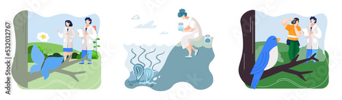 Observation of animals in wild. Ecologists scientists conduct research, take care of fowl and nature. Researcher study flora fauna and environment. Professional ecological activist photographing bird
