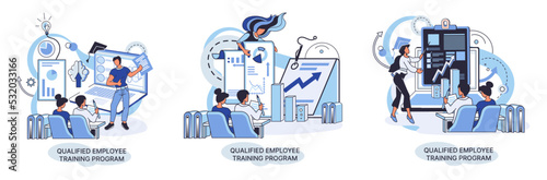 Qualified employee training program. Refresher course metaphor. Help in professional development. Learning for software development and growth. Agile project management team project life scrum meeting