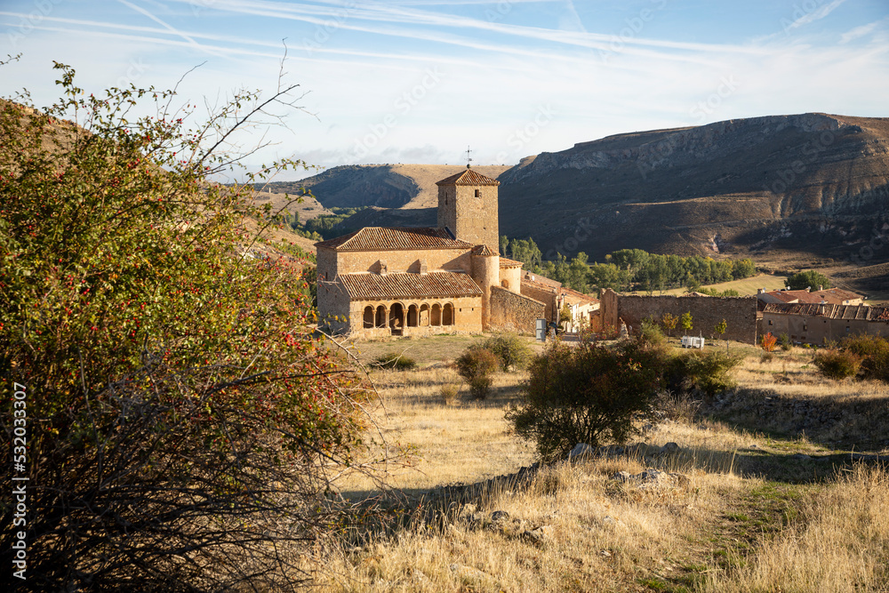 a view of Caracena village and the Saint Peter Church, Tierras del Burgo, province of Soria, Castile and León, Spain