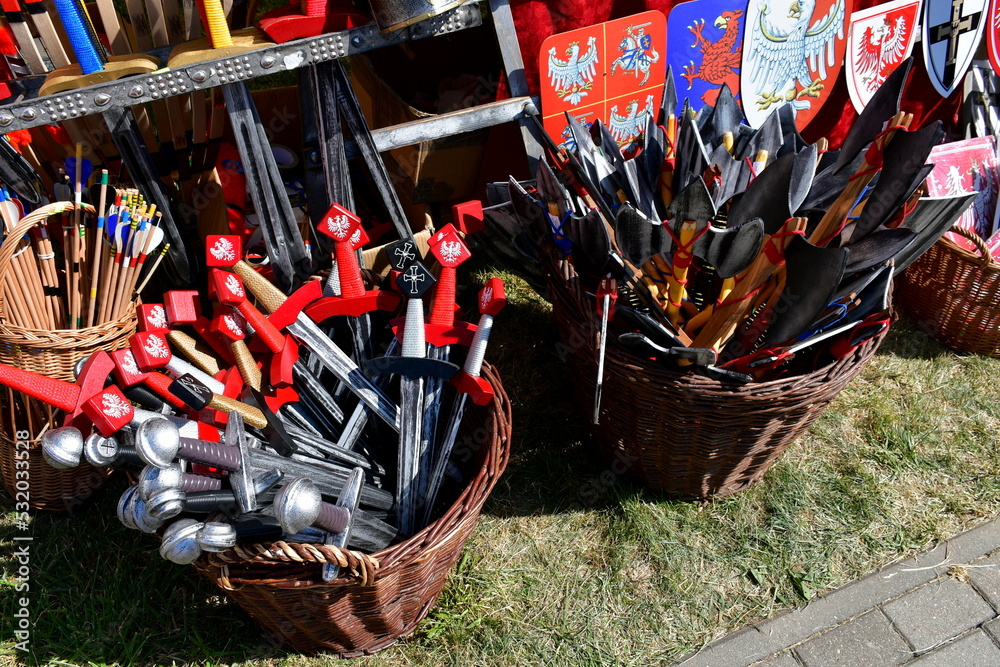 A view of a medieval themed stall or stand seen during a medieval rural ...