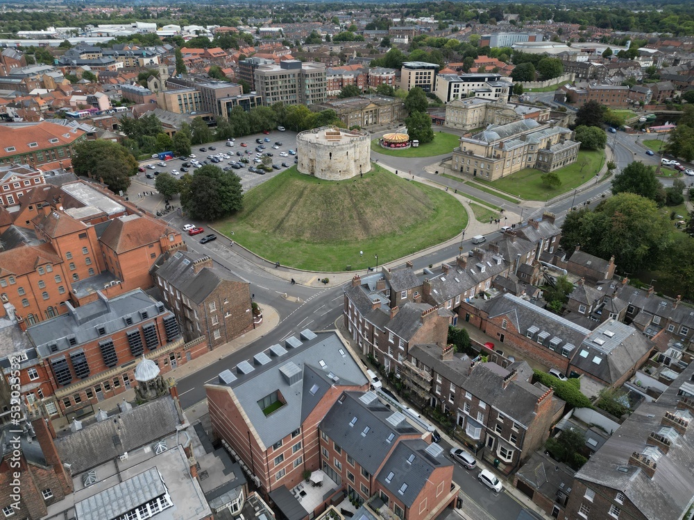  aerial view of Clifford's Tower. medieval defence fortification to protect the city and its community from invaders. now an historic tourist attraction