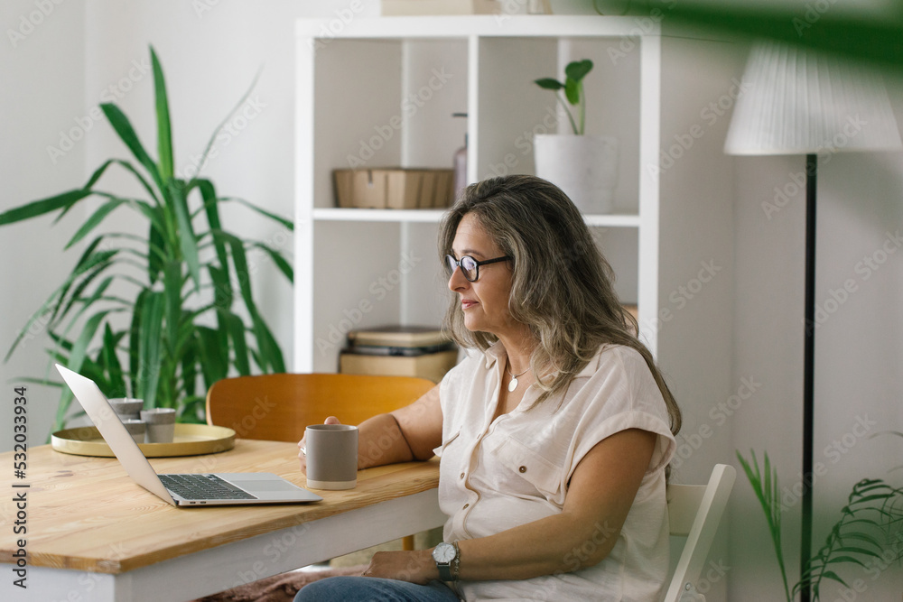 Portrait of adult woman working from home, businesswoman working at home office  