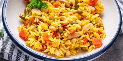 rice vegetables vegetarian pilaf without meat healthy meal food snack diet on the table copy space food background rustic top view keto or paleo diet veggie vegan or vegetarian food no meat