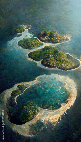 Aerial view of small exotic atoll islands in the open ocean sea. Beautiful nature. 3D illustration.