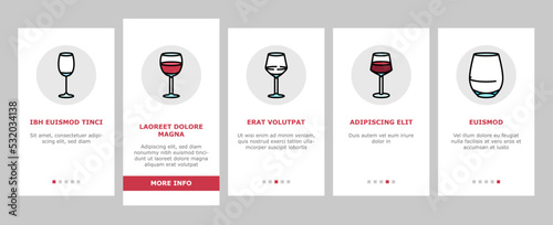 wine glass red drink alcohol onboarding mobile vector. cup bar, merlot party, cabernet bottle, champagne liquid, restaurant, goblet wine glass red drink alcohol color line illustrations