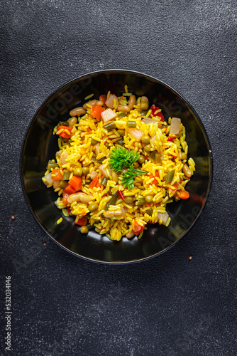 rice vegetables vegetarian pilaf without meat healthy meal food snack diet on the table copy space food background rustic top view keto or paleo diet veggie vegan or vegetarian food no meat