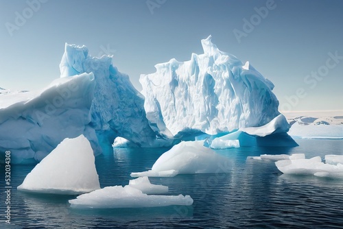 A sunny day in cold Antarctica. Antarctic icebergs. Reflection of icebergs in clear deep transparent water. 3D rendering