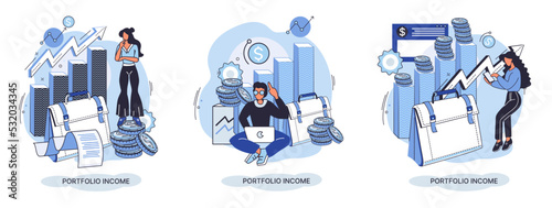 Investment portfolio income dollars currency, buy sell trading, market exchange value metaphor, businessman investor or trader balance portfolio with coins. Financiers analyzing stock market profit
