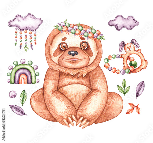 Watercolor sloth on a white background with boho-style toys photo