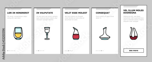 wine glass red drink alcohol onboarding mobile vector. cup bar, merlot party, cabernet bottle, champagne liquid, restaurant, goblet wine glass red drink alcohol color line illustrations