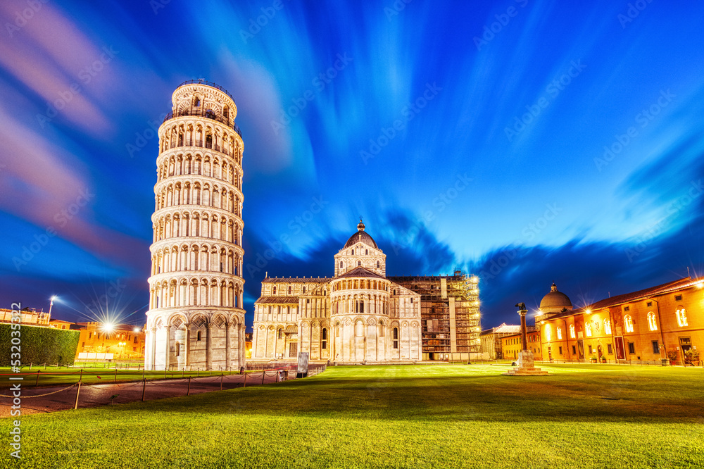 Pisa Leaning Tower Torre di Pisa and the Cathedral Duomo di Pisa Illuminated at Dusk, Pisa