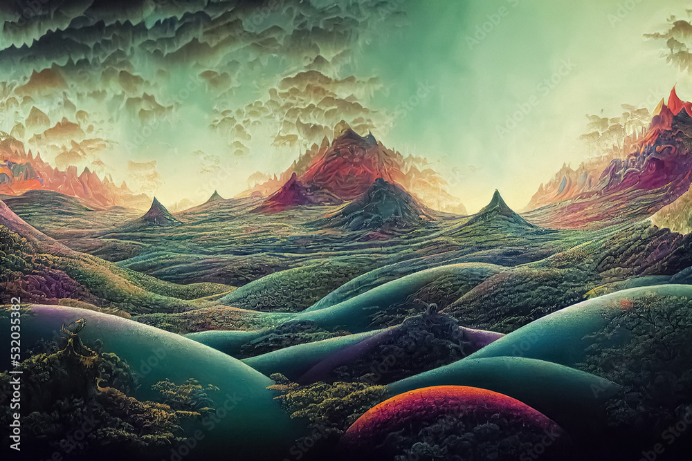 Fototapeta premium Psychedelic surreal landscape. Digital 3D illustration of spiritual journey insight. Fantasy scene.