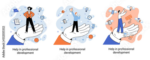 Help in professional development metaphor. Qualified employee training program. Refresher course. Human resource management organization. Business education workshop. School personality growth in team