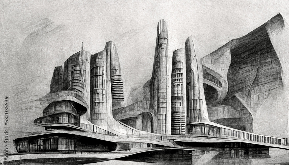 Futuristic surreal urban architecture pencil drawing style. Fantasy ...